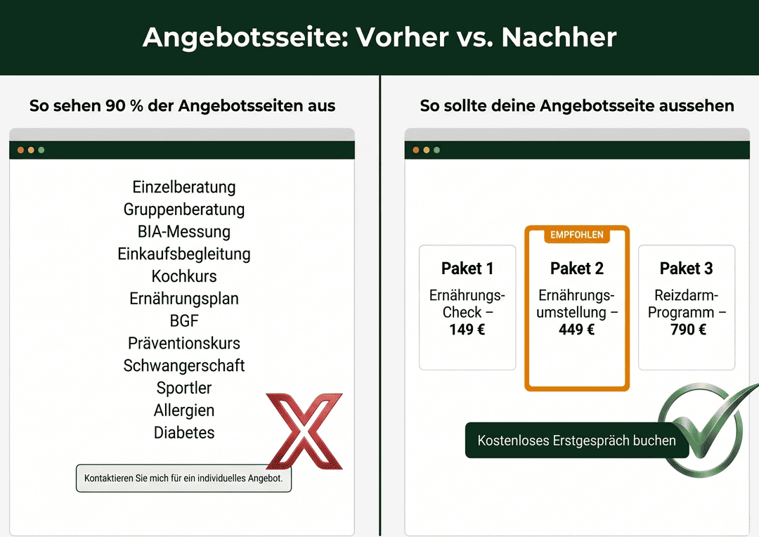 Angebotsseite Ernährungsberater Vorher Nachher: Vergleich zwischen überladener Leistungsliste und drei klaren Paketen mit Preisen