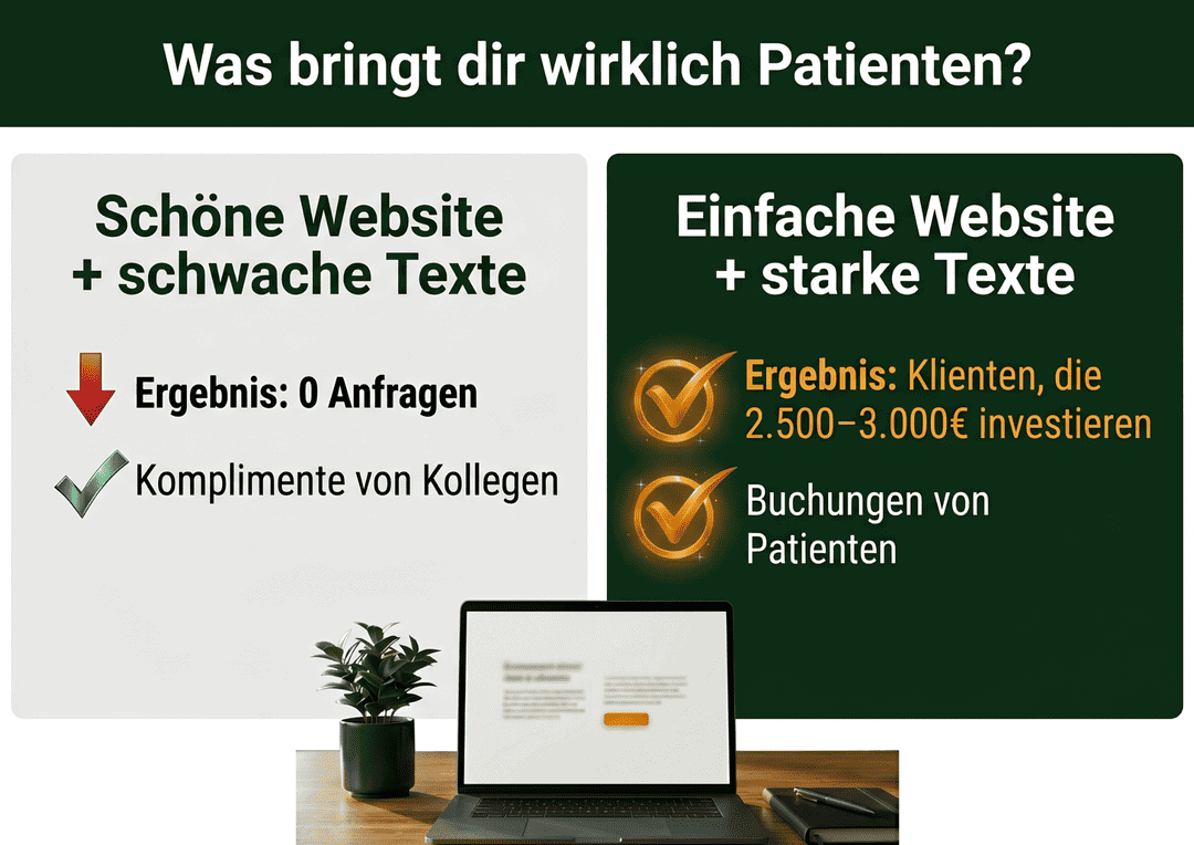Website Heilpraktiker: Vergleich zwischen schöner Website mit schwachen Texten und einfacher Website mit starken Texten